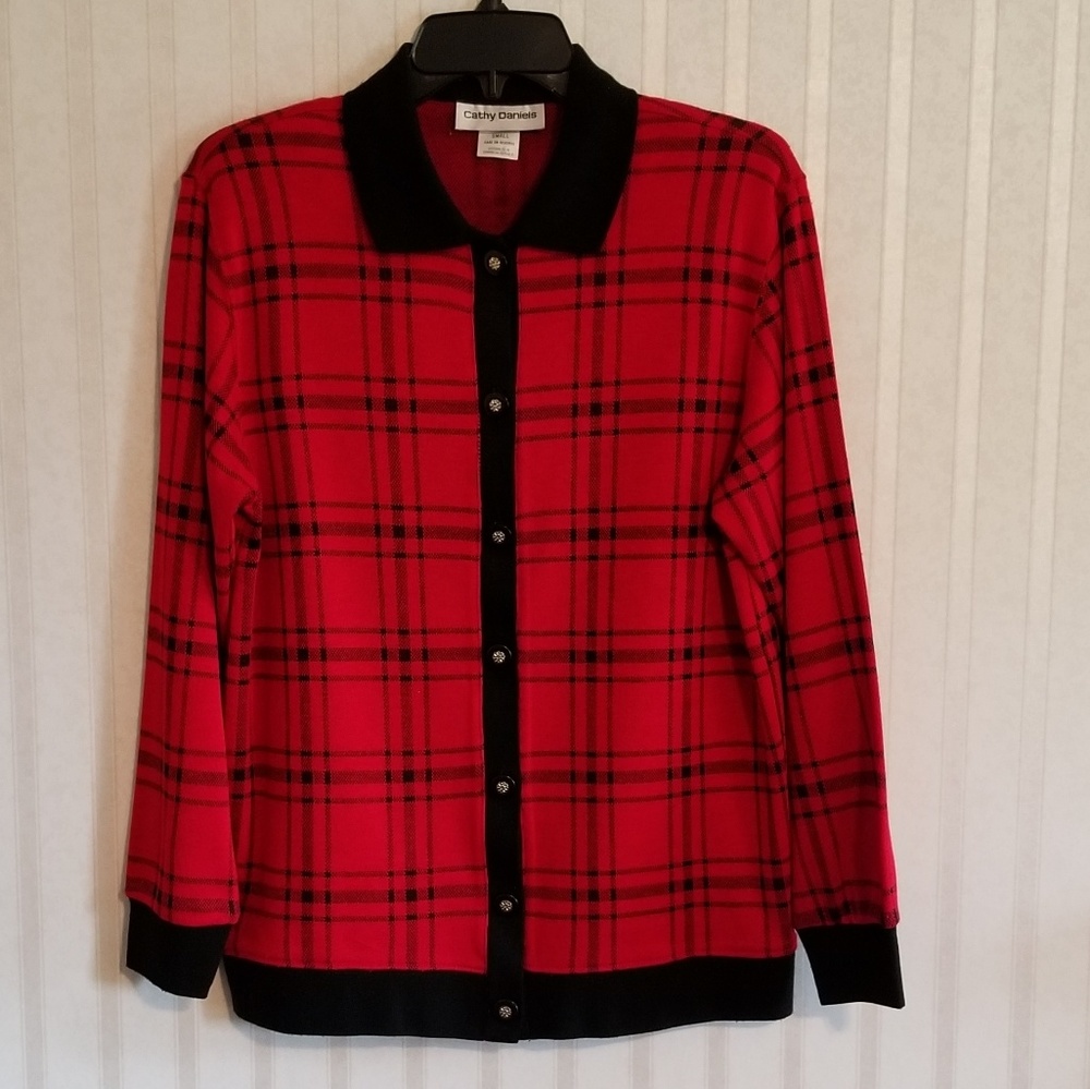 Cathy Daniels Red/Black Plaid Cardigan